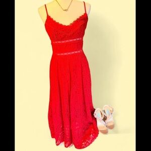 NSR Vibrant Red Lace Midi Dress